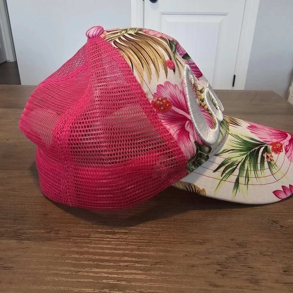 Cali Trucker Hat Womens Snapback Pink Embroidered Floral Tropical Mesh